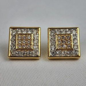 Vintage Gold Tone Square Clear Rhinestones Stud Earrings